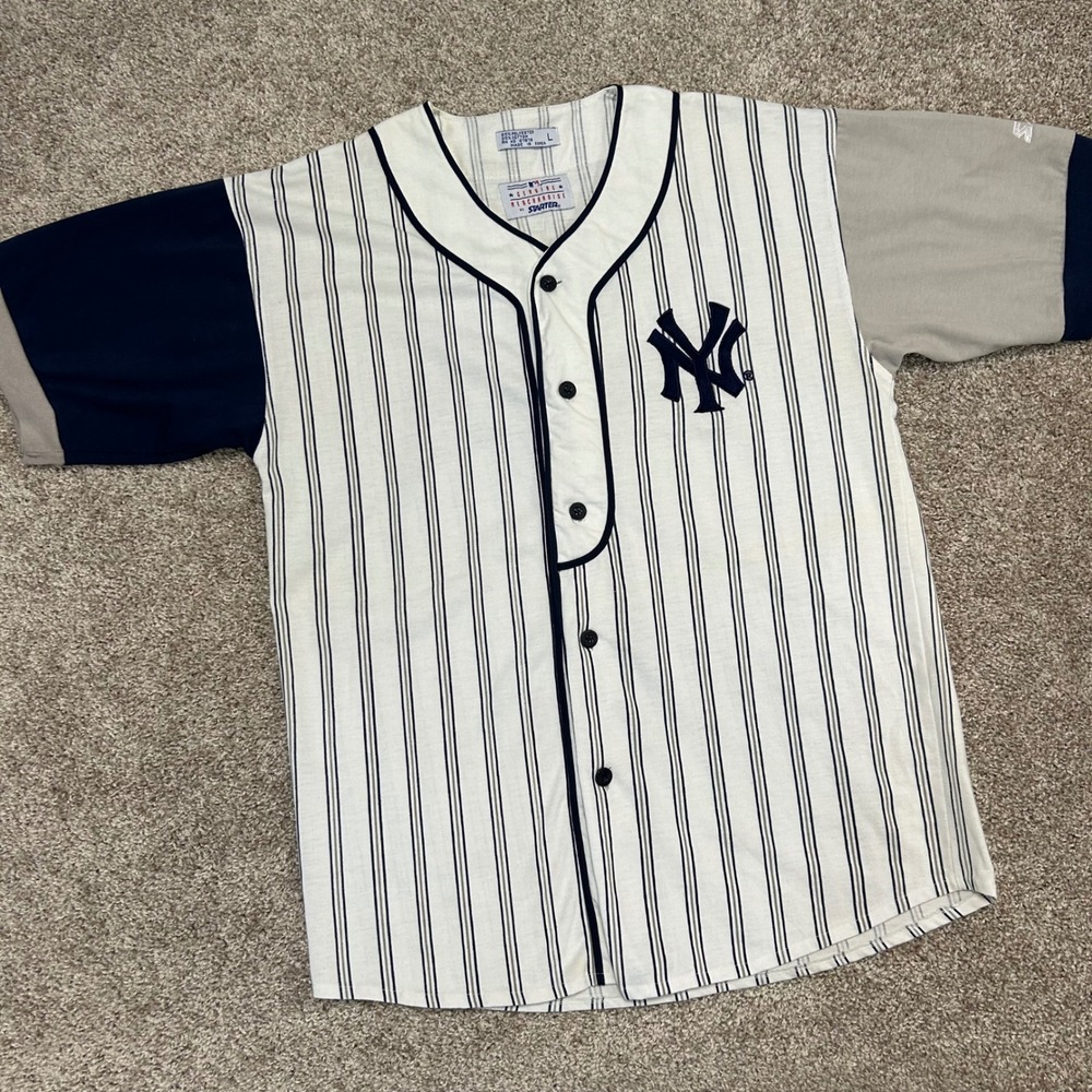 Vintage Starter New York Yankees Pinstripe Jersey Men Size Large MLB Baseball